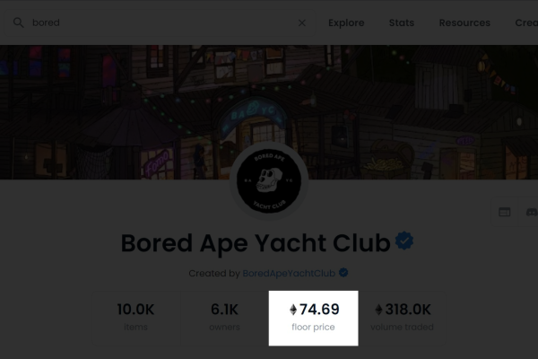 Esempio floor price Bore Ape Yacht Club (al 13/01/2021)