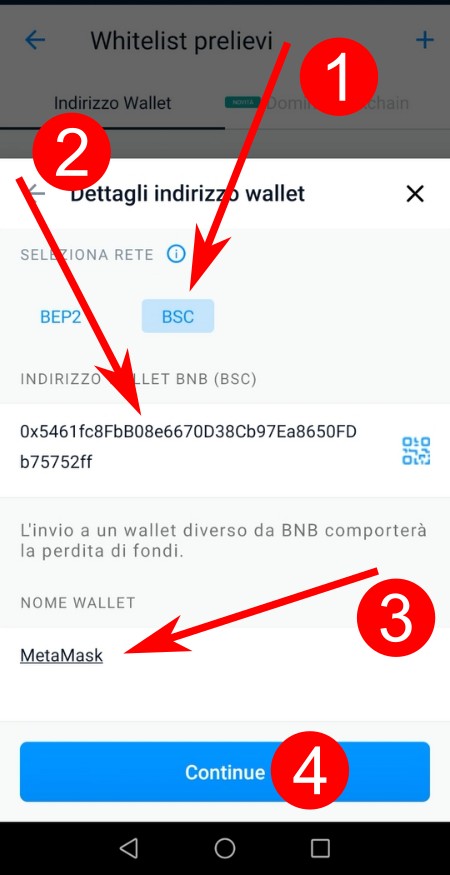 Passaggi per inserire indirizzo wallet MetaMask