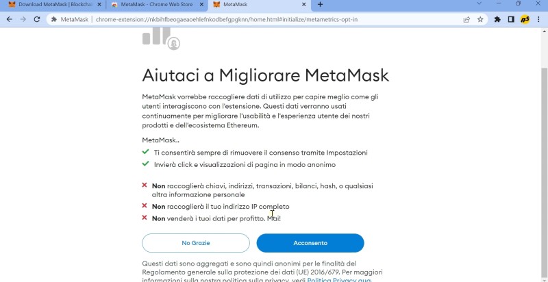 Informativa eventuale raccolta dati di utilizzo di MetaMask