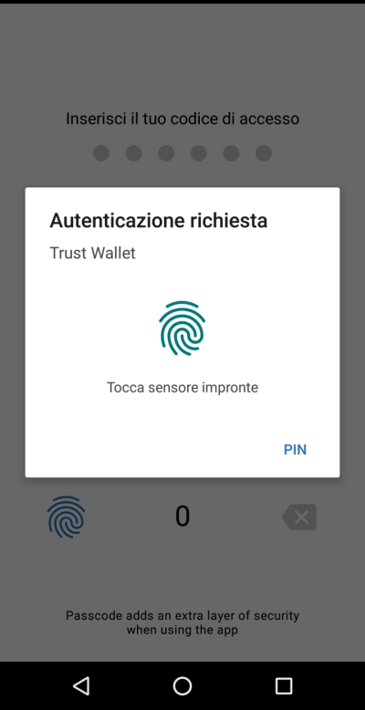 Sblocca l'app TrustWallet con il codice d'accesso o con l'impronta digitale