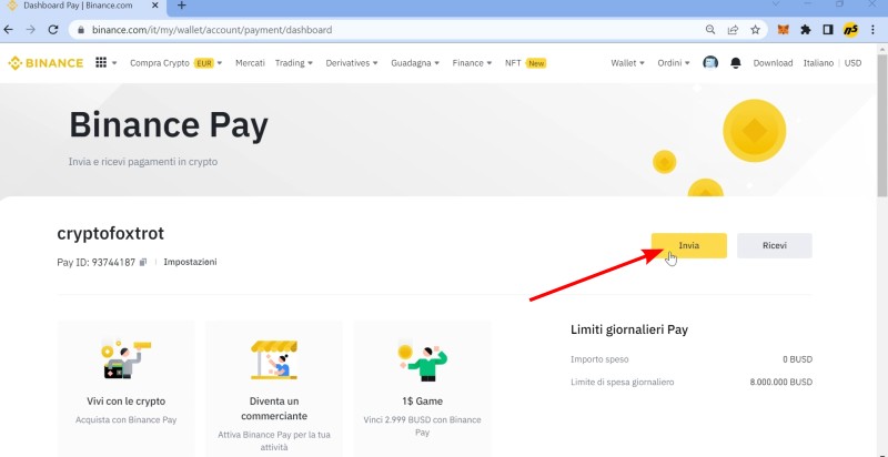 Nella schermata di Binance Pay clicca sul pulsante "Invia"